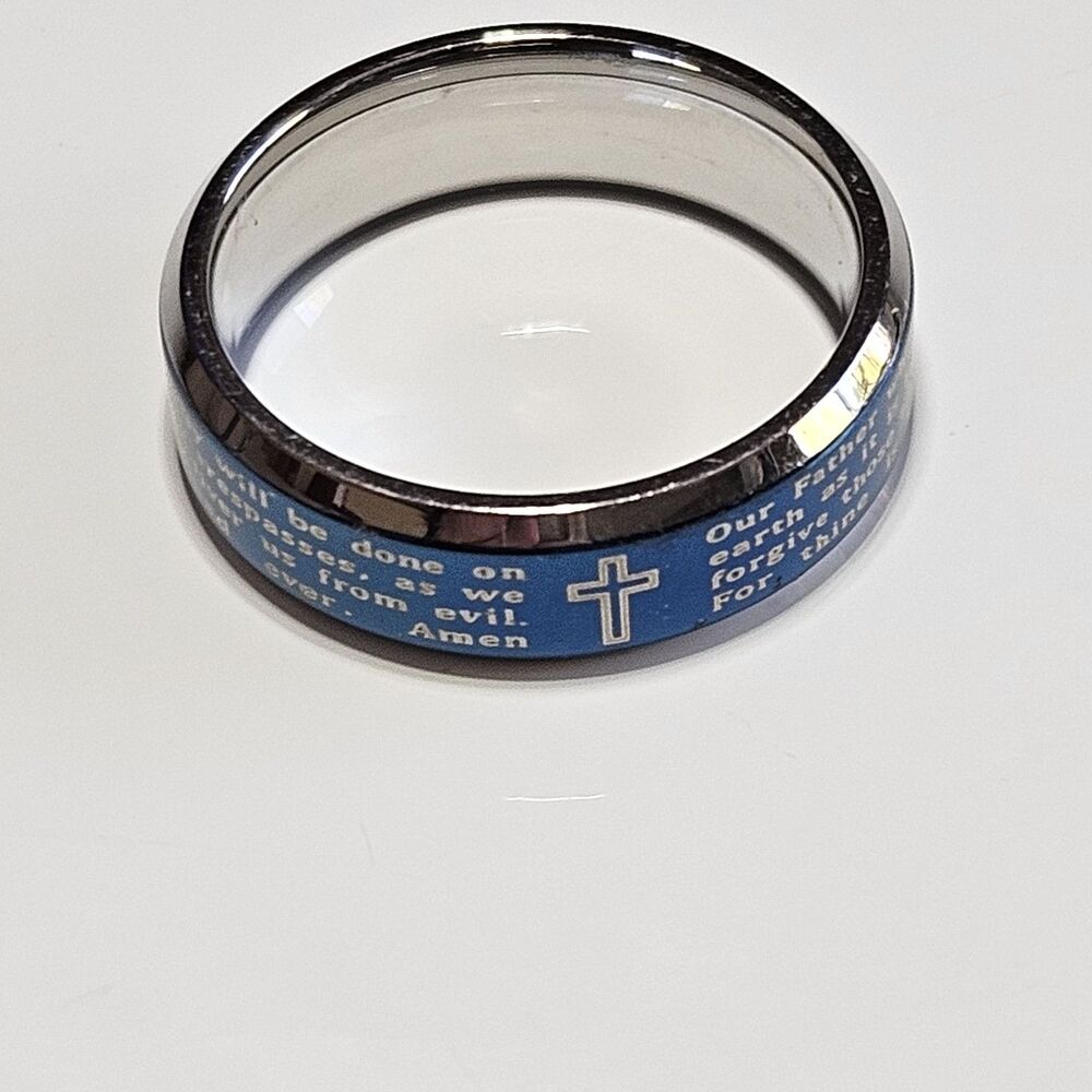Spikes Stainless Steel Two Toned Blue IP Silver Lord's Prayer Ring Size 7